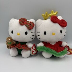 Hello Kitty 6" Plush Christmas Reindeer Gingerbread Dress Beanie Baby Set Of 2